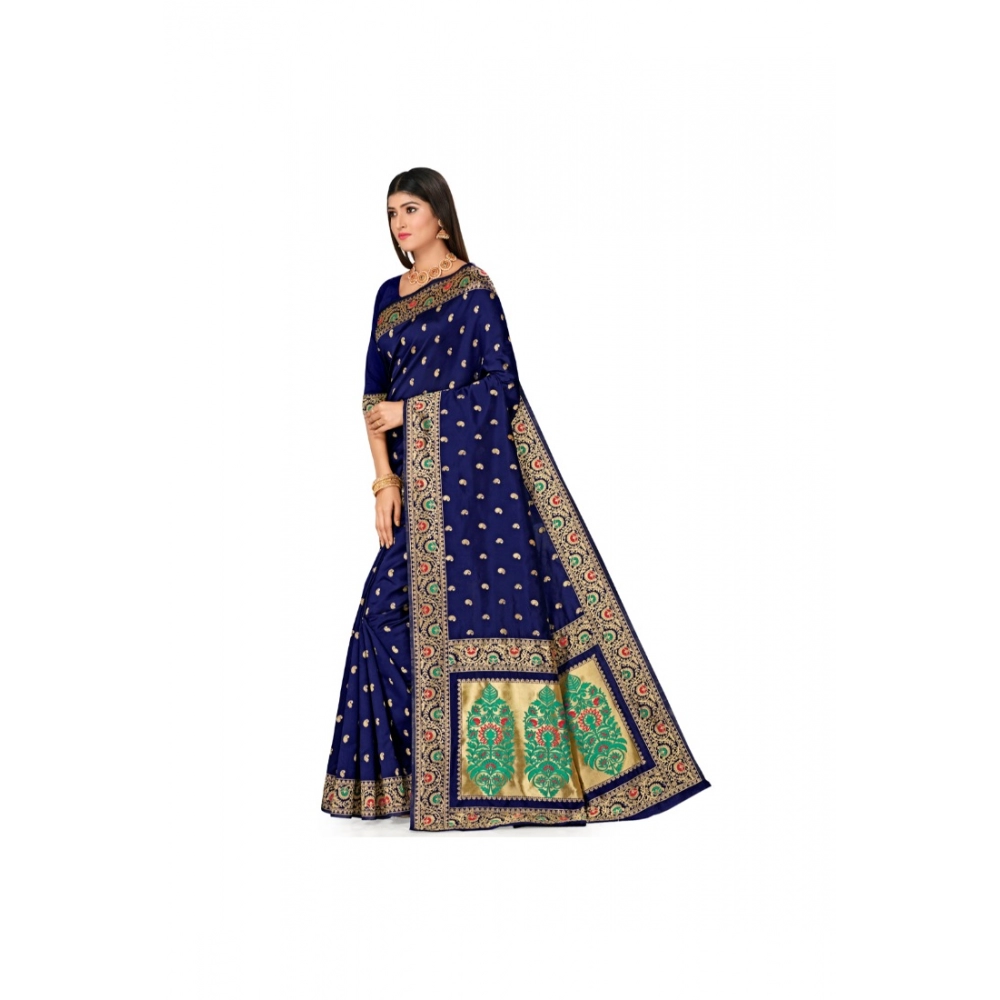 Women's Banarasi Silk Designer Weaving Saree With Unstitched Blouse (Blue, 5.50 Mtrs) - Image 2