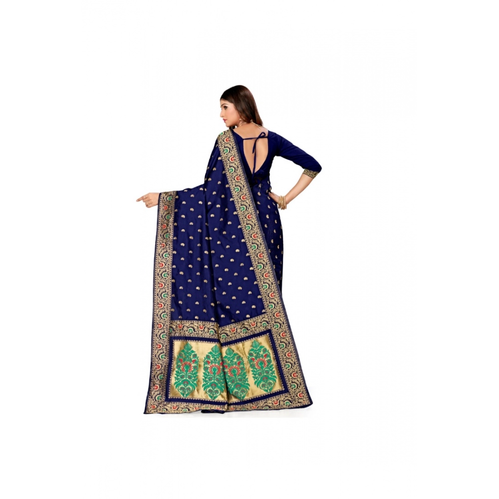 Women's Banarasi Silk Designer Weaving Saree With Unstitched Blouse (Blue, 5.50 Mtrs) - Image 4