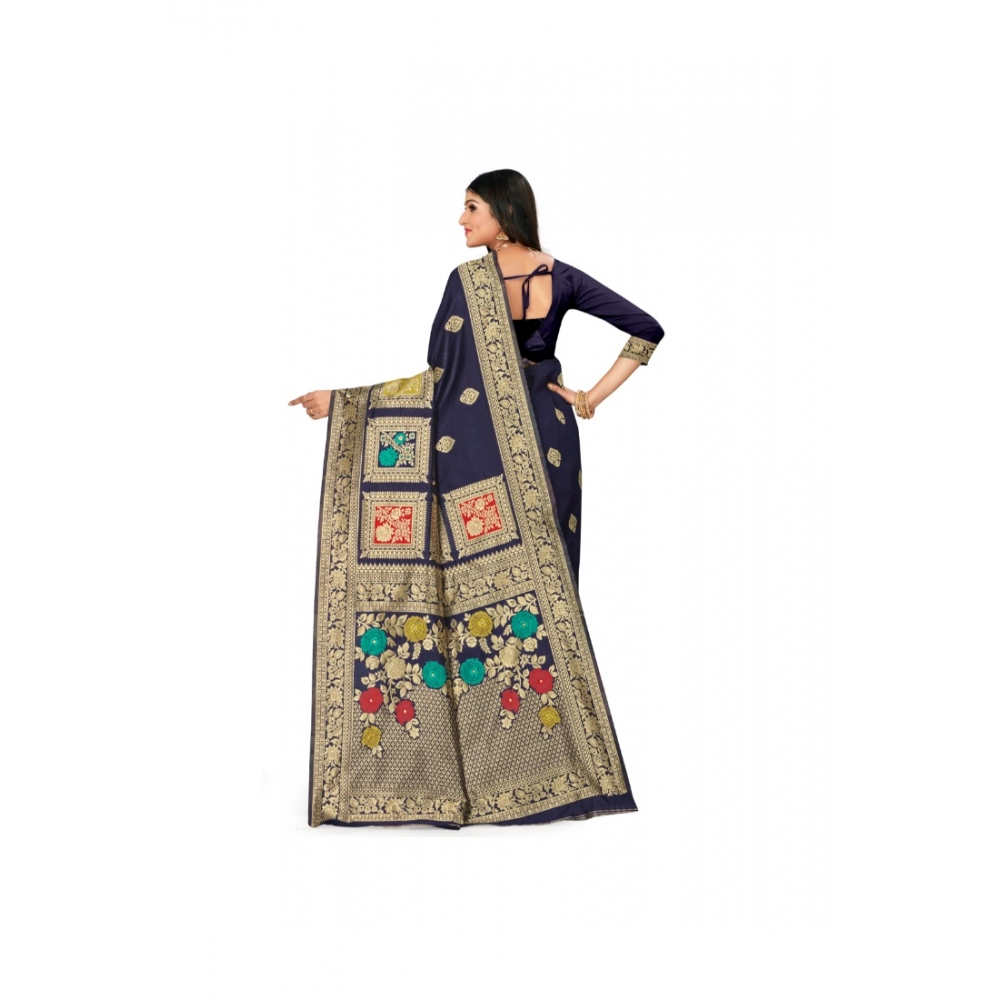 Women's Banarasi Silk Designer Weaving Saree With Unstitched Blouse (Blue, 5.50 Mtrs) - Image 4