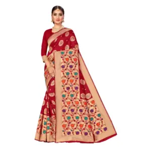 Women's Banarasi Silk Designer Weaving Saree With Unstitched Blouse (Maroon, 5.50 Mtrs)