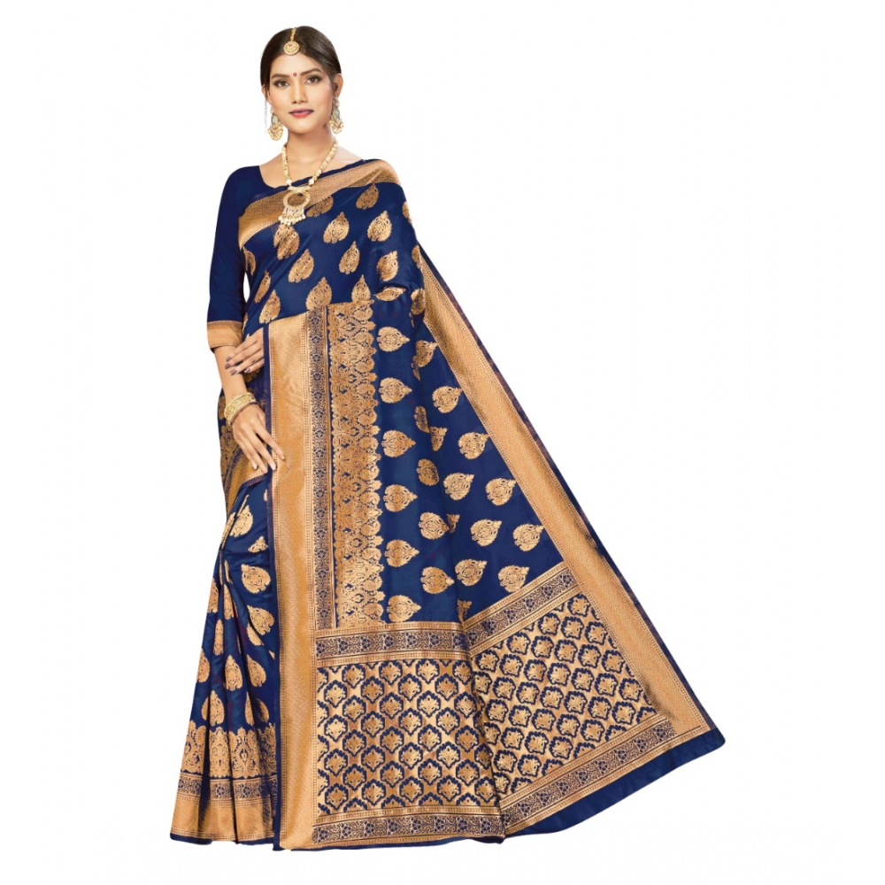 Women's Banarasi Silk Designer Weaving Saree With Unstitched Blouse (Blue, 5.50 Mtrs)