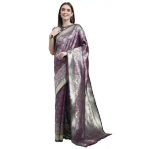 Women's Banarasi Silk Designer Weaving Saree With Unstitched Blouse (Purple, 5.50 Mtrs)