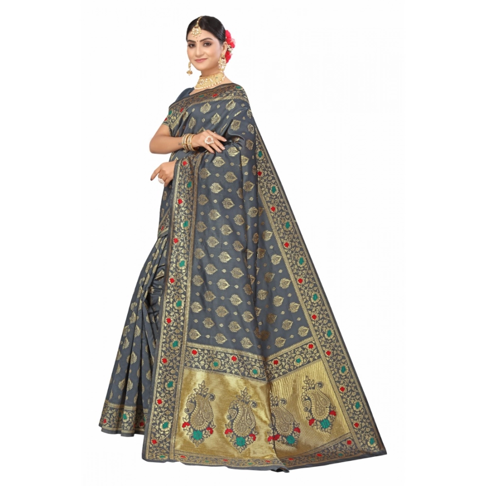 Women's Banarasi Silk Designer Weaving Saree With Unstitched Blouse (Grey, 5.50 Mtrs) - Image 3