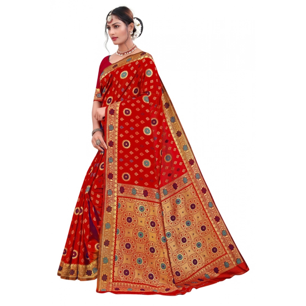 Women's Banarasi Silk Designer Weaving Saree With Unstitched Blouse (Red, 5.50 Mtrs) - Image 3