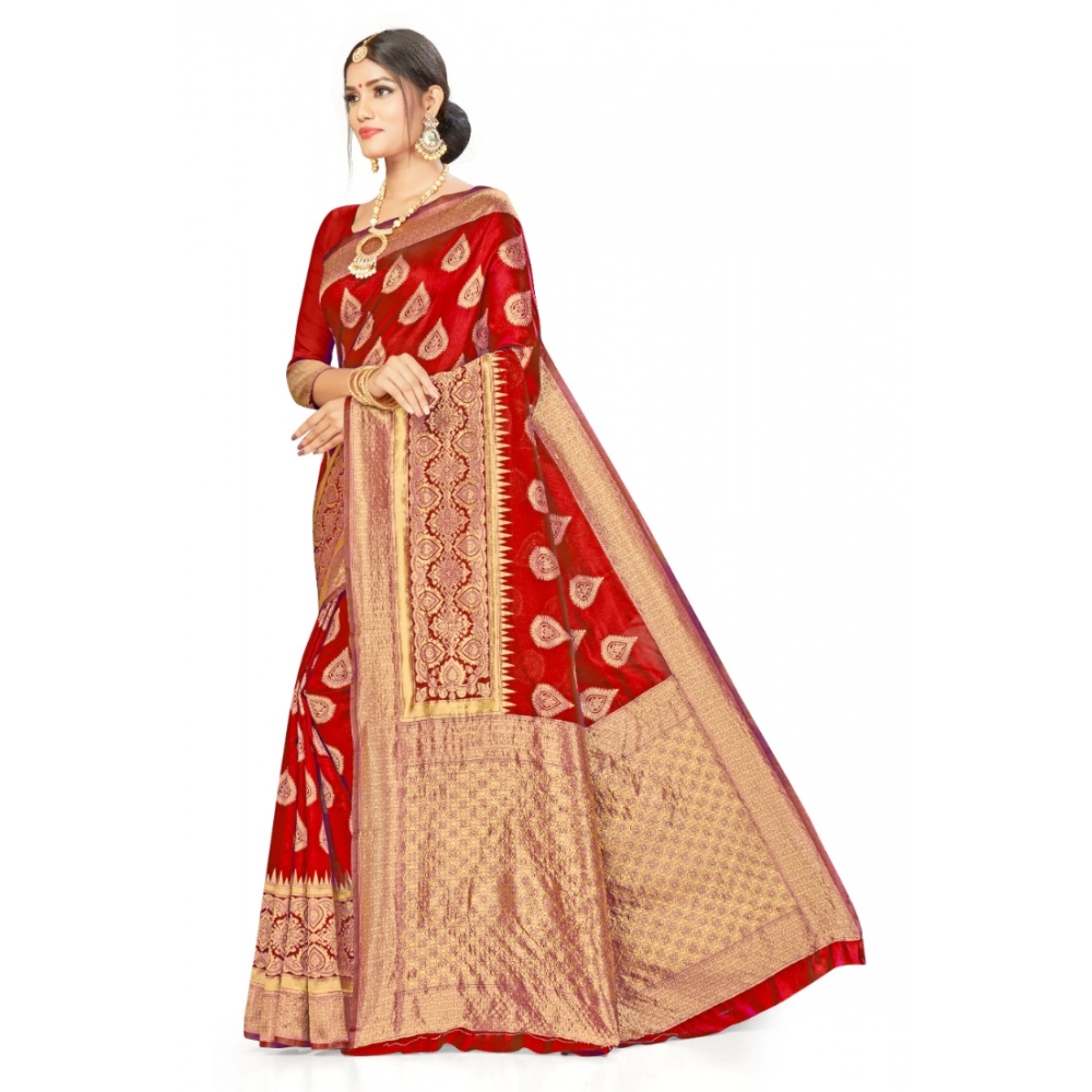 Women's Banarasi Silk Designer Weaving Saree With Unstitched Blouse (Red, 5.50 Mtrs) - Image 3