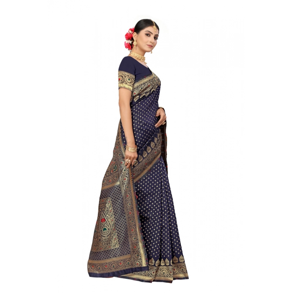 Women's Banarasi Silk Designer Weaving Saree With Unstitched Blouse (Blue, 5.50 Mtrs) - Image 2