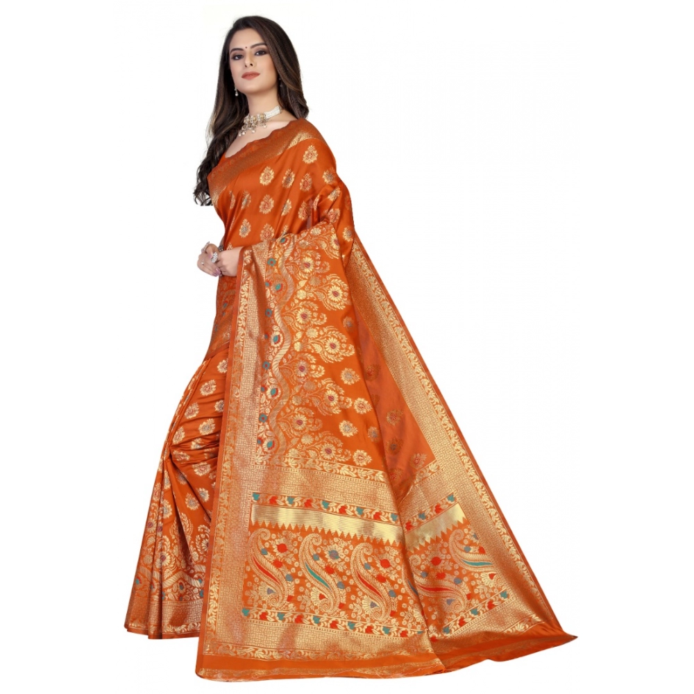 Women's Banarasi Silk Designer Weaving Saree With Unstitched Blouse (Orange, 5.50 Mtrs) - Image 3