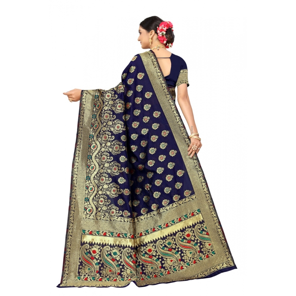 Women's Banarasi Silk Designer Weaving Saree With Unstitched Blouse (Blue, 5.50 Mtrs) - Image 4