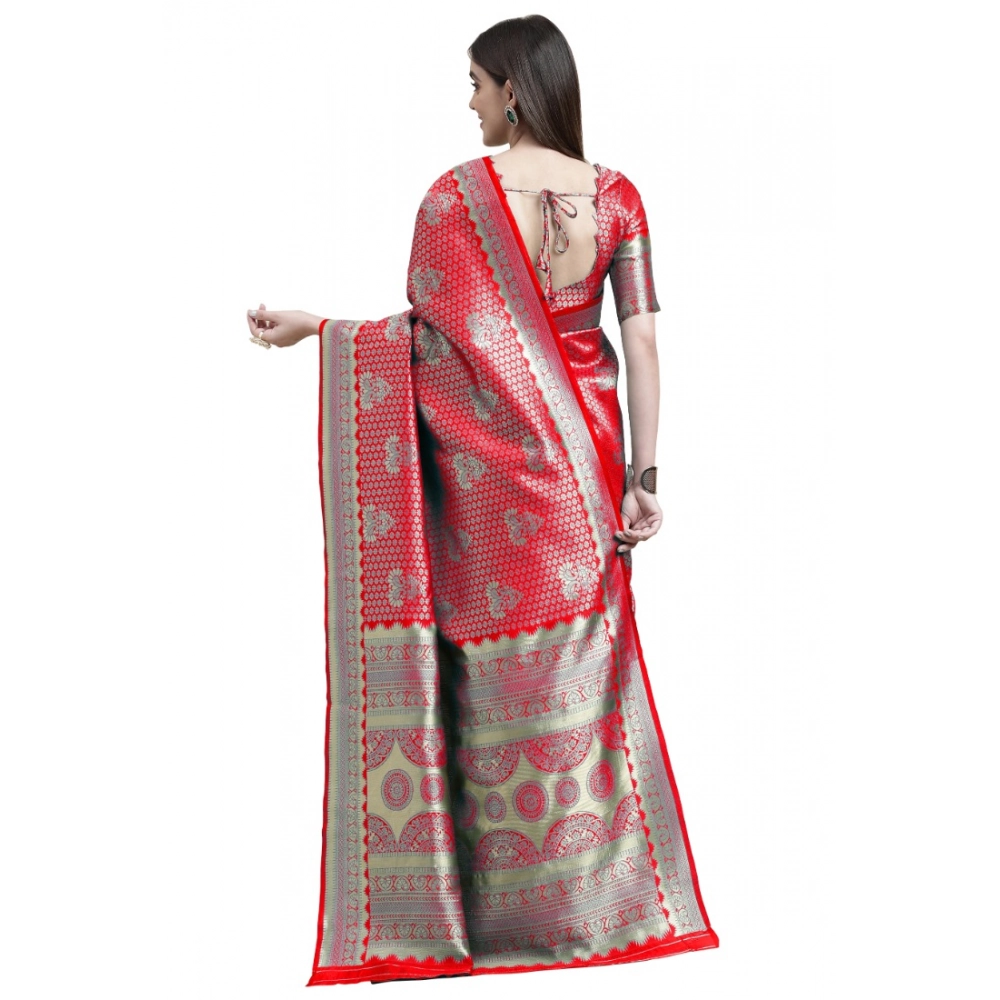 Women's Banarasi Silk Designer Weaving Saree With Unstitched Blouse (Red, 5.50 Mtrs) - Image 4