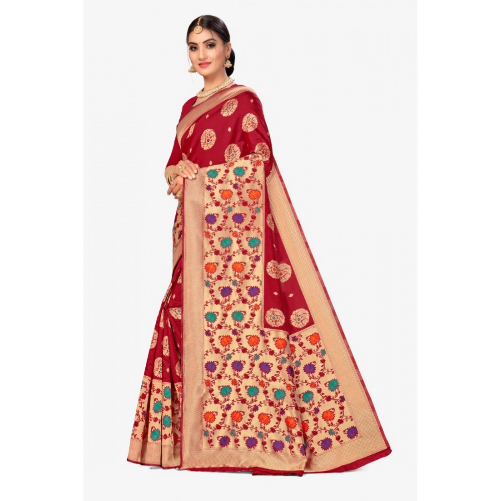 Women's Banarasi Silk Designer Weaving Saree With Unstitched Blouse (Maroon, 5.50 Mtrs) - Image 2