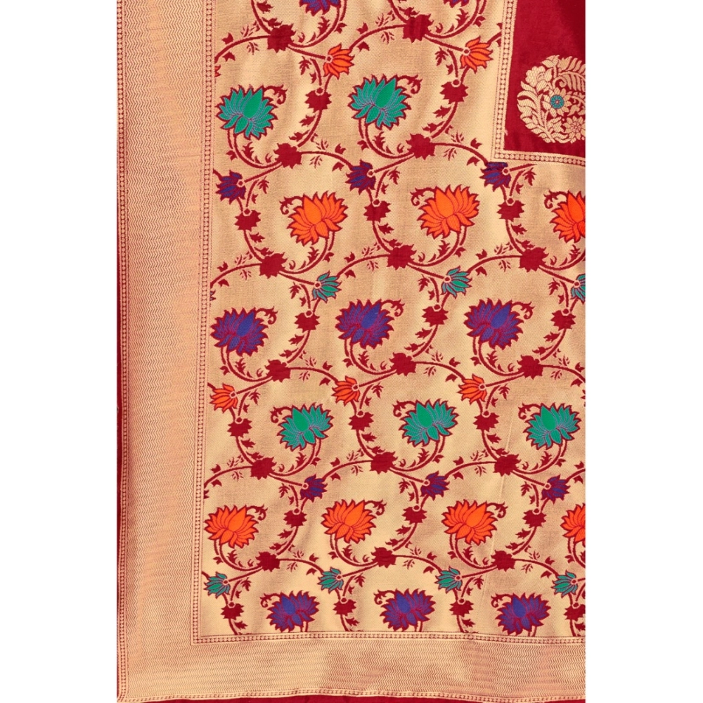 Women's Banarasi Silk Designer Weaving Saree With Unstitched Blouse (Maroon, 5.50 Mtrs) - Image 3