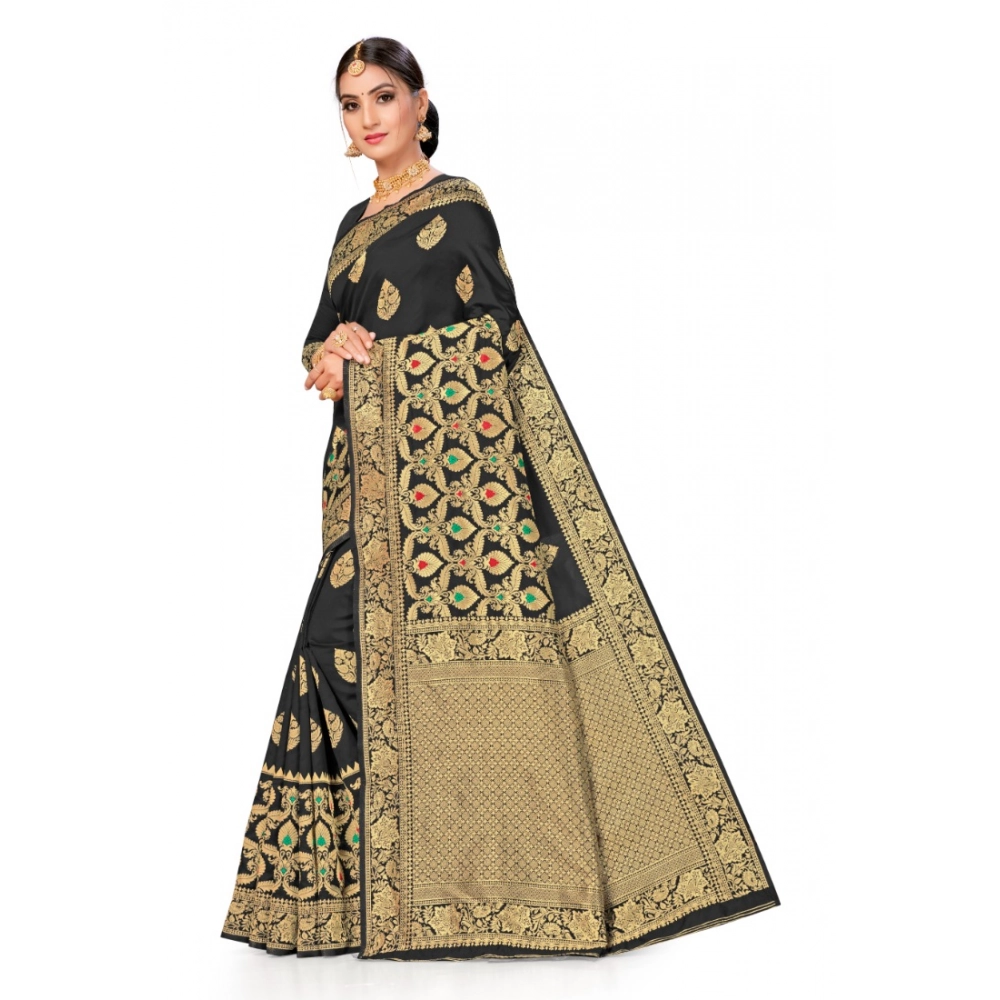 Women's Banarasi Silk Designer Weaving Saree With Unstitched Blouse (Black, 5.50 Mtrs) - Image 2