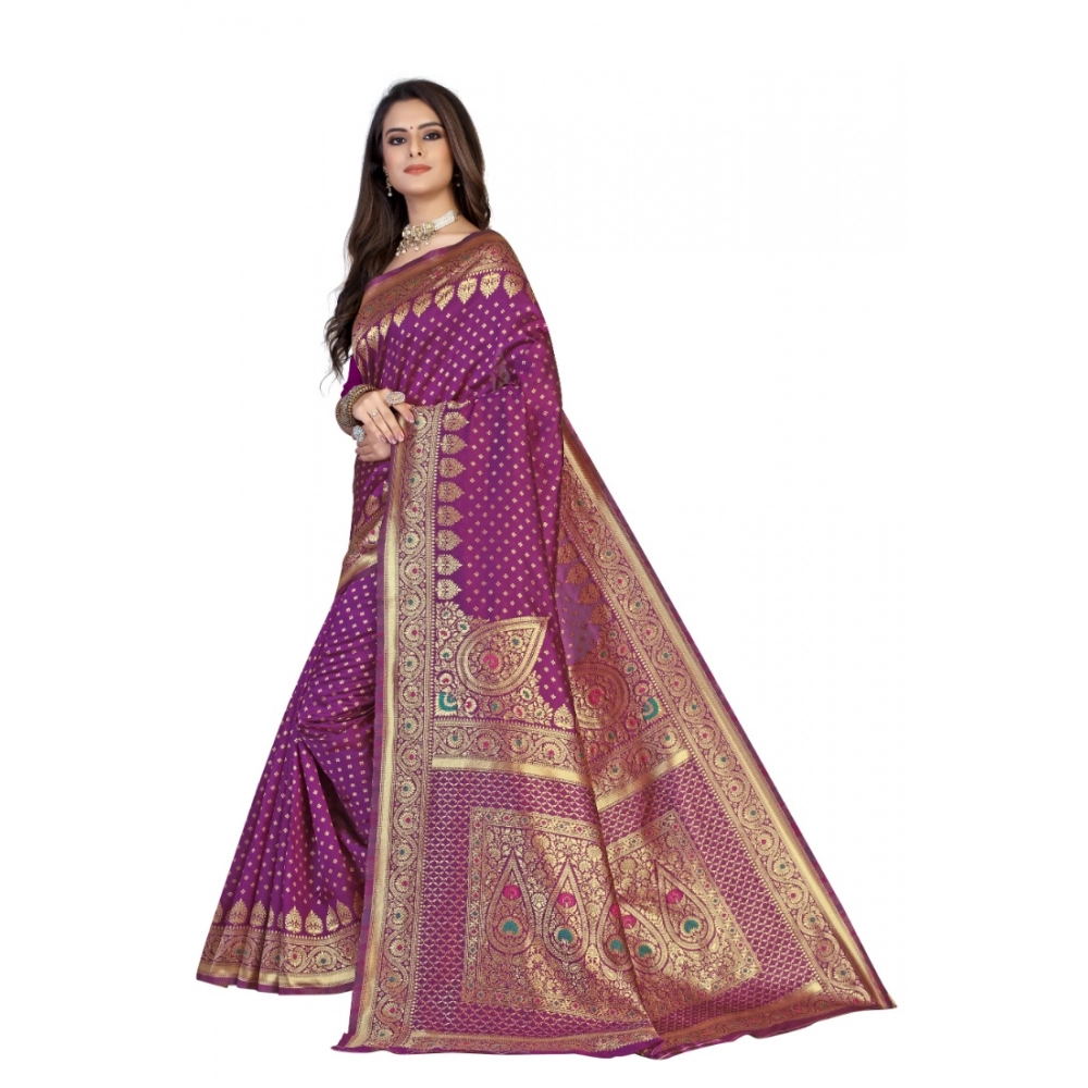 Women's Banarasi Silk Designer Weaving Saree With Unstitched Blouse (Purple, 5.50 Mtrs) - Image 3