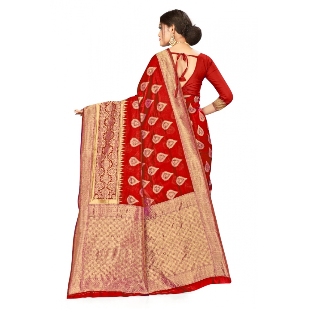 Women's Banarasi Silk Designer Weaving Saree With Unstitched Blouse (Red, 5.50 Mtrs) - Image 4