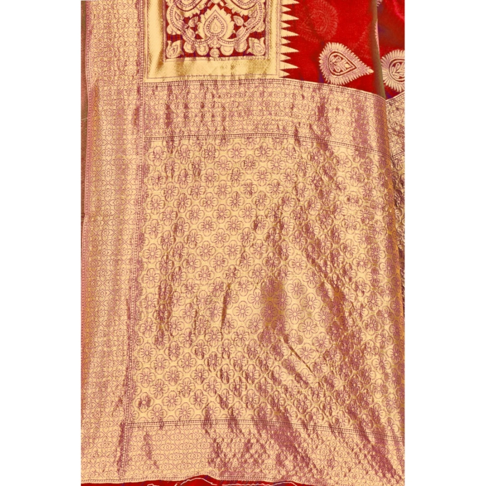 Women's Banarasi Silk Designer Weaving Saree With Unstitched Blouse (Red, 5.50 Mtrs) - Image 2