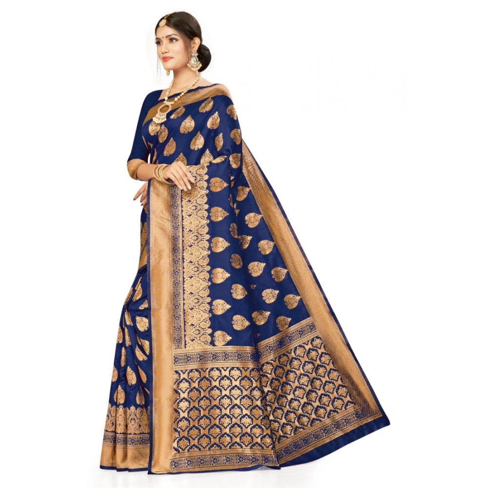 Women's Banarasi Silk Designer Weaving Saree With Unstitched Blouse (Blue, 5.50 Mtrs) - Image 3