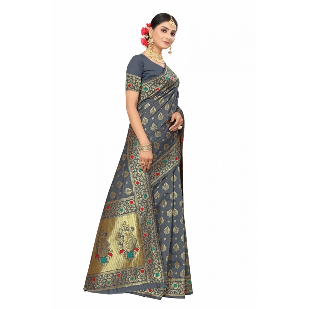 Women's Banarasi Silk Designer Weaving Saree With Unstitched Blouse (Grey, 5.50 Mtrs) - Image 2