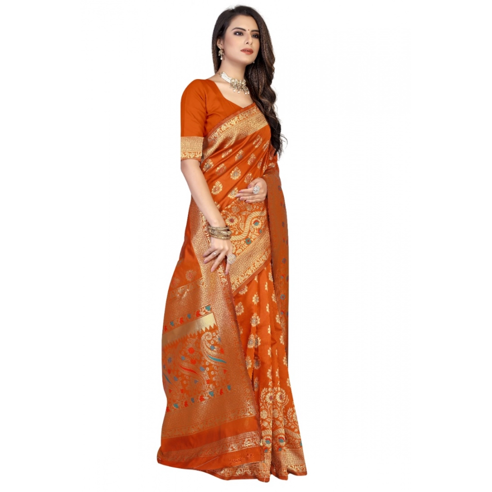 Women's Banarasi Silk Designer Weaving Saree With Unstitched Blouse (Orange, 5.50 Mtrs) - Image 2