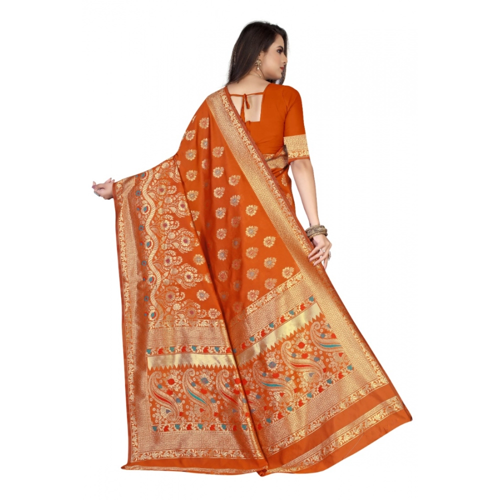 Women's Banarasi Silk Designer Weaving Saree With Unstitched Blouse (Orange, 5.50 Mtrs) - Image 4