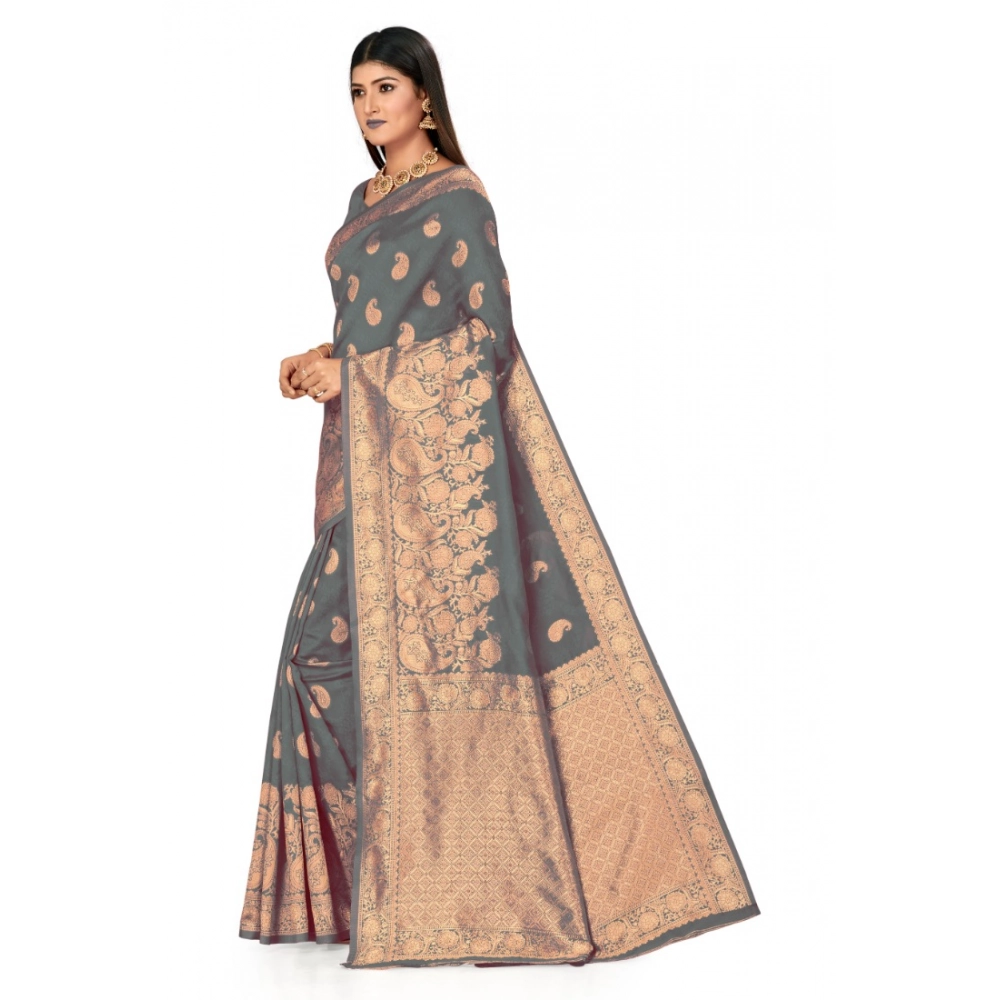 Women's Banarasi Silk Designer Weaving Saree With Unstitched Blouse (Grey, 5.50 Mtrs) - Image 2