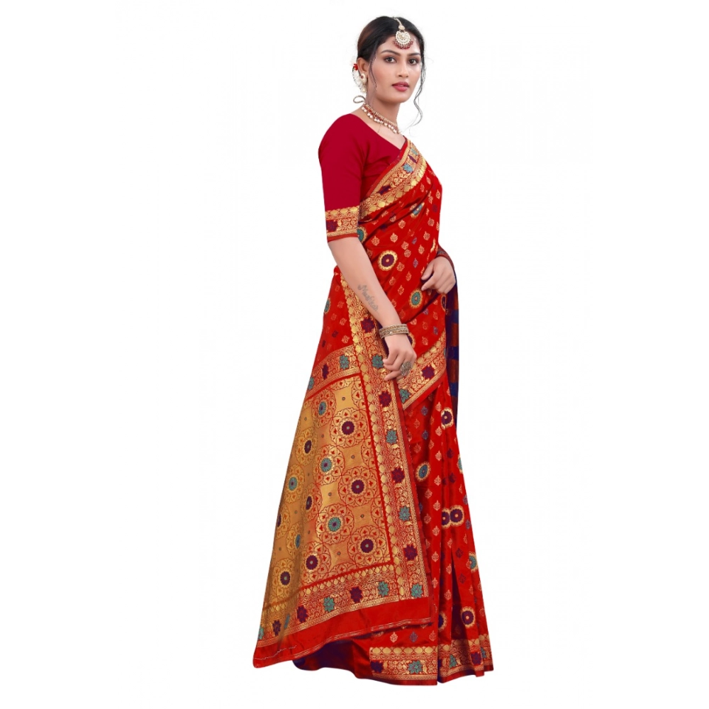 Women's Banarasi Silk Designer Weaving Saree With Unstitched Blouse (Red, 5.50 Mtrs) - Image 2