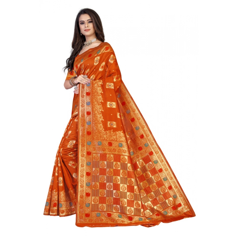 Women's Banarasi Silk Designer Weaving Saree With Unstitched Blouse (Orange, 5.50 Mtrs) - Image 3
