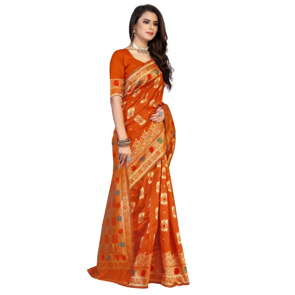 Women's Banarasi Silk Designer Weaving Saree With Unstitched Blouse (Orange, 5.50 Mtrs) - Image 2