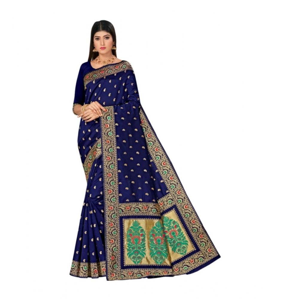 Women's Banarasi Silk Designer Weaving Saree With Unstitched Blouse (Blue, 5.50 Mtrs)