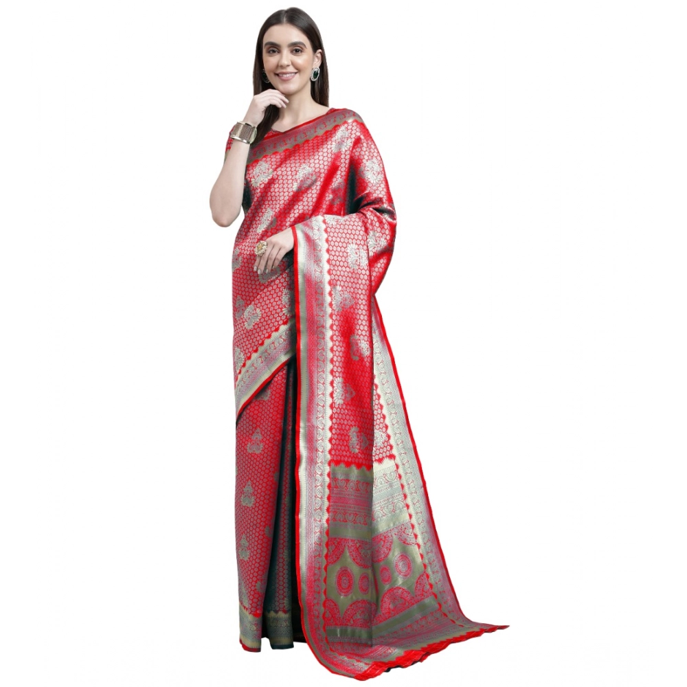 Women's Banarasi Silk Designer Weaving Saree With Unstitched Blouse (Red, 5.50 Mtrs)
