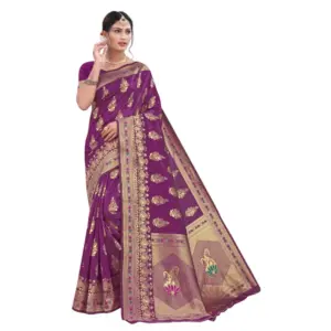 Women's Banarasi Silk Designer Weaving Saree With Unstitched Blouse (Purple, 5.50 Mtrs)
