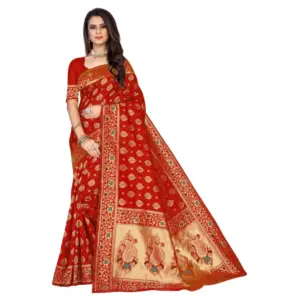 Women's Banarasi Silk Designer Weaving Saree With Unstitched Blouse (Red, 5.50 Mtrs)