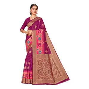 Women's Banarasi Silk Designer Weaving Saree With Unstitched Blouse (Purple, 5.50 Mtrs)