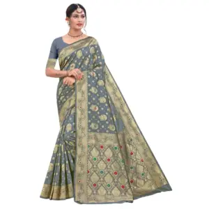Women's Banarasi Silk Designer Weaving Saree With Unstitched Blouse (Grey, 5.50 Mtrs)