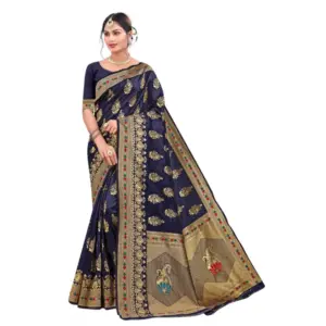 Women's Banarasi Silk Designer Weaving Saree With Unstitched Blouse (Blue, 5.50 Mtrs)