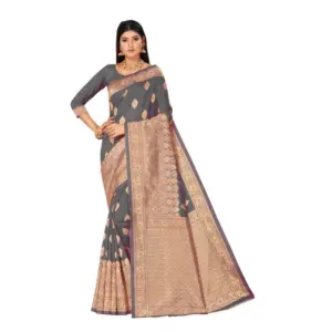 Women's Banarasi Silk Designer Weaving Saree With Unstitched Blouse (Grey, 5.50 Mtrs)
