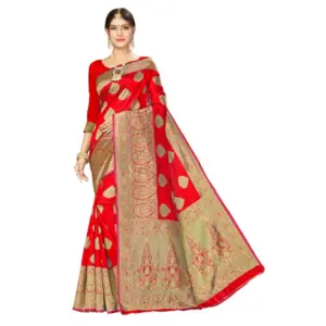 Women's Banarasi Silk Designer Weaving Saree With Unstitched Blouse (Red, 5.50 Mtrs)
