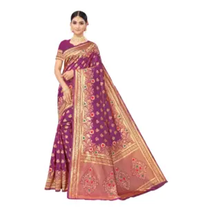 Women's Banarasi Silk Designer Weaving Saree With Unstitched Blouse (Purple, 5.50 Mtrs)