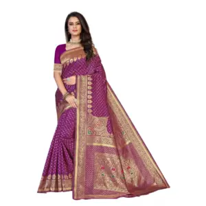 Women's Banarasi Silk Designer Weaving Saree With Unstitched Blouse (Purple, 5.50 Mtrs)