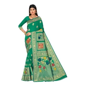 Women's Banarasi Silk Designer Weaving Saree With Unstitched Blouse (Green, 5.50 Mtrs)