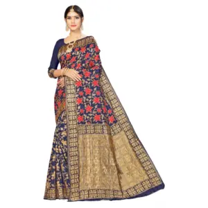 Women's Banarasi Silk Designer Weaving Saree With Unstitched Blouse (Blue, 5.50 Mtrs)