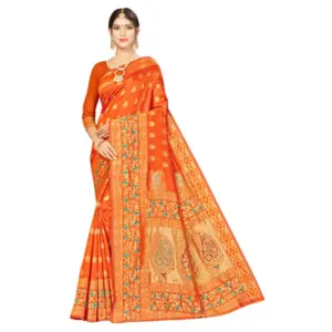 Women's Banarasi Silk Designer Weaving Saree With Unstitched Blouse (Orange, 5.50 Mtrs)