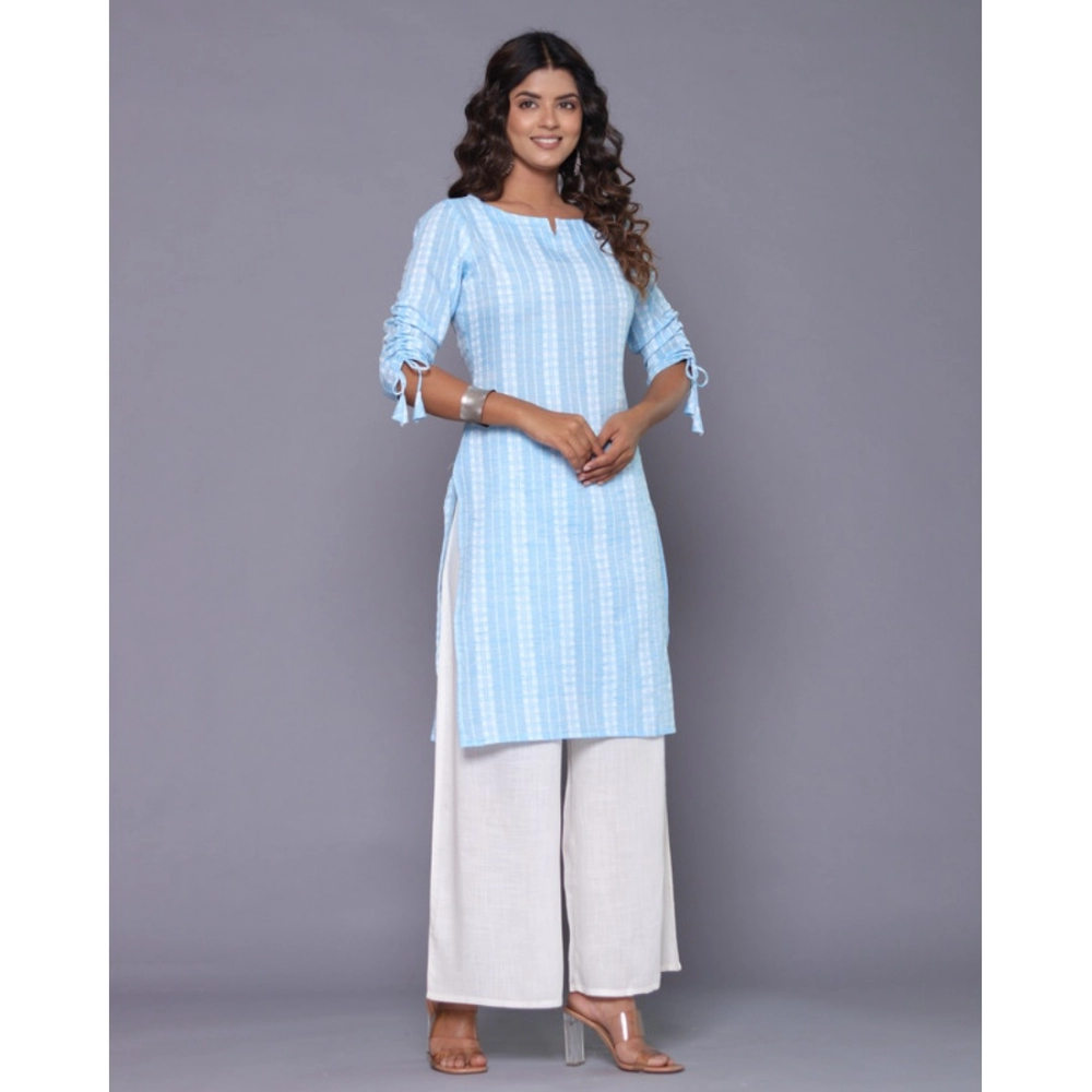 Women's Casual Cotton Blend 3-4th Sleeve Straight Kurti (Aqua Blue) - Image 3