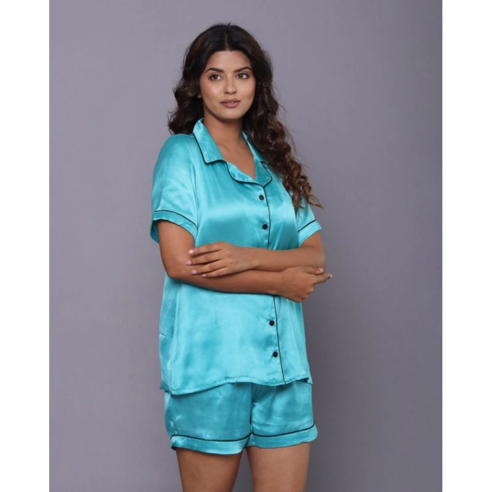 Women's Casual Satin Half Sleeve Night Suit Set (Turquoise) - Image 3