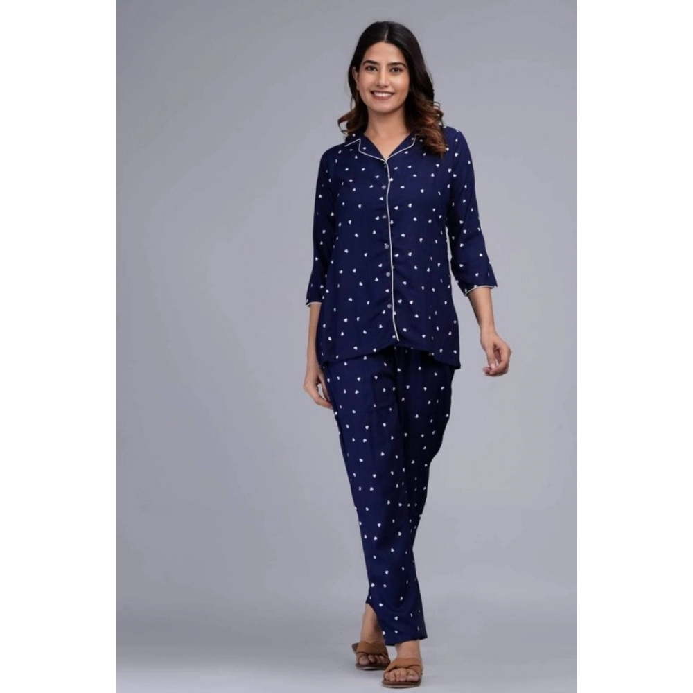 Women's Casual Rayon 3-4th Sleeve Night Suit Set (Blue) - Image 4