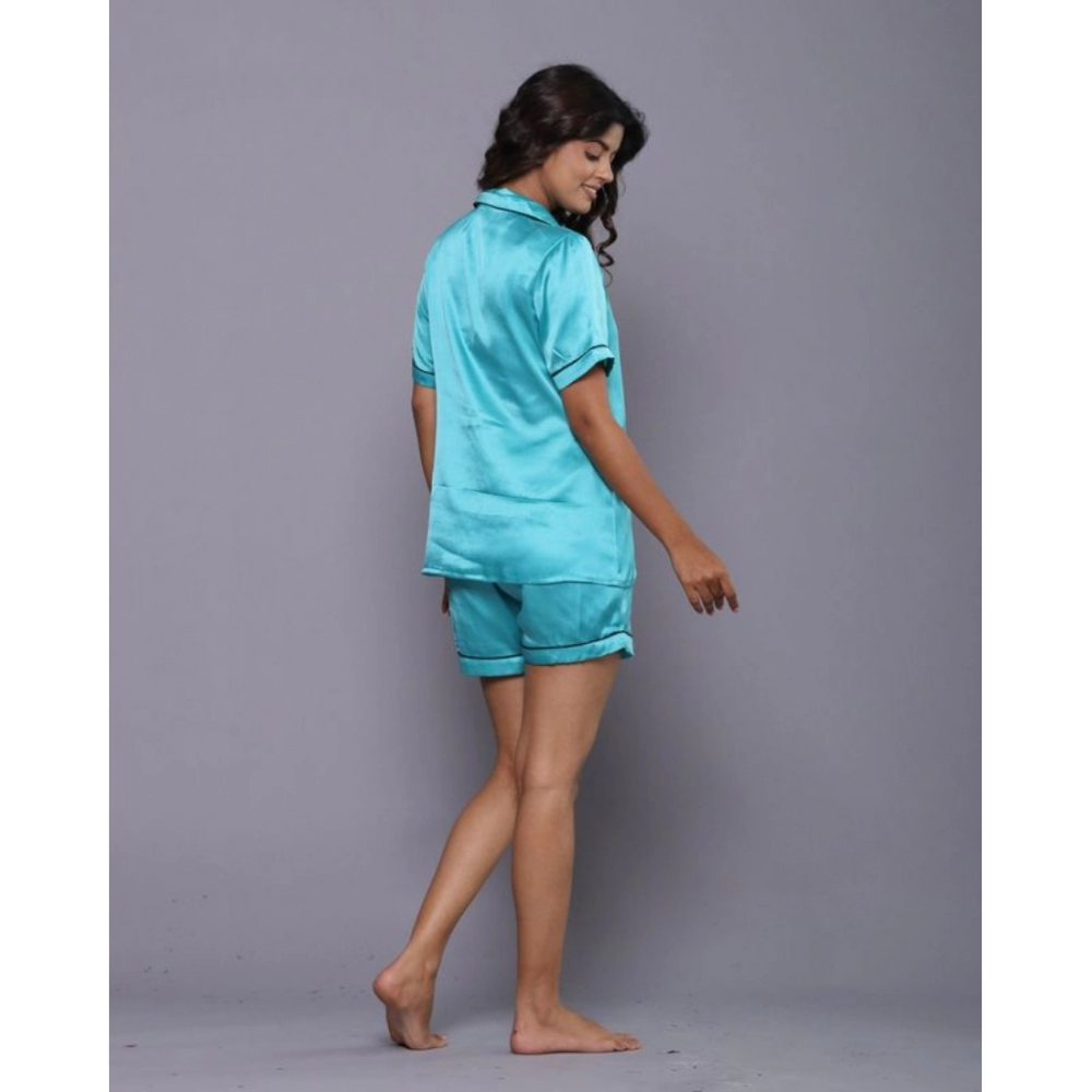 Women's Casual Satin Half Sleeve Night Suit Set (Turquoise) - Image 6