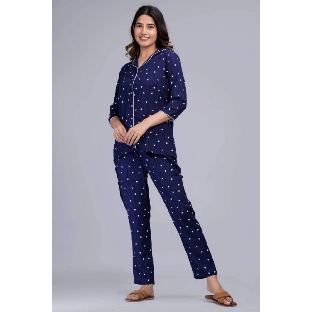 Women's Casual Rayon 3-4th Sleeve Night Suit Set (Blue) - Image 3