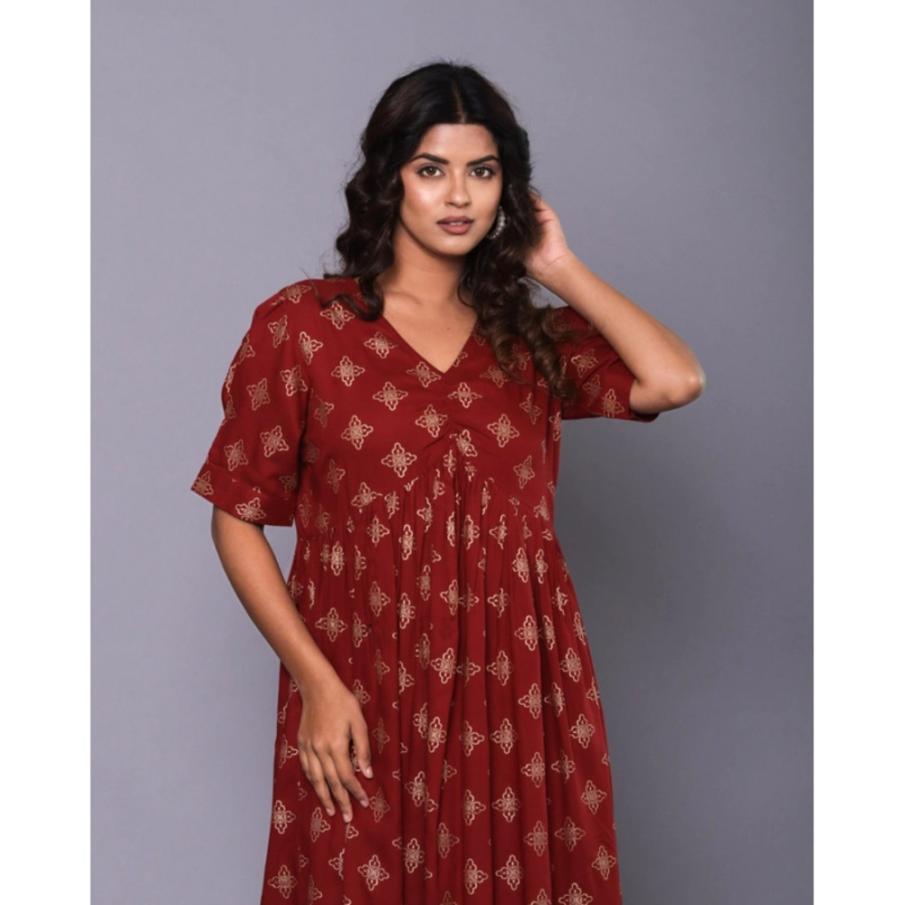 Women's Casual Viscose Rayon Half Sleeve Alia Cut Gown (Maroon) - Image 2