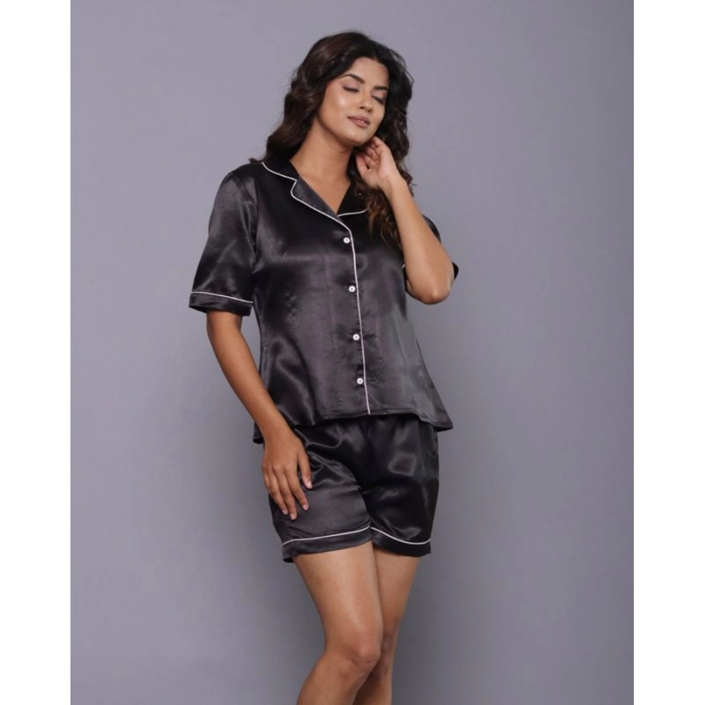 Women's Casual Satin Half Sleeve Night Suit Set (Black) - Image 2