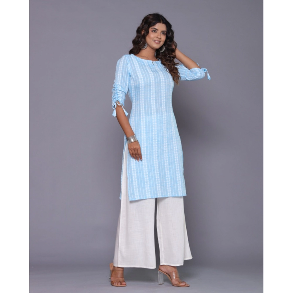 Women's Casual Cotton Blend 3-4th Sleeve Straight Kurti (Aqua Blue) - Image 4