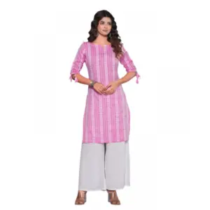 Women's Casual Cotton Blend 3-4th Sleeve Straight Kurti (Pink)